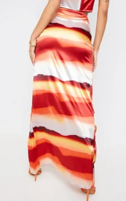 Orange Abstract Printed Satin Ruched Side Split Leg Midaxi Skirt