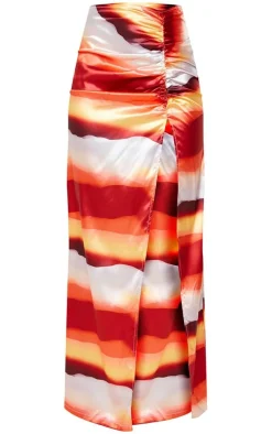 Orange Abstract Printed Satin Ruched Side Split Leg Midaxi Skirt