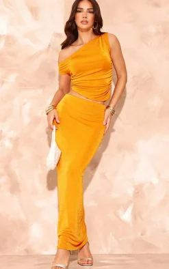 Orange Acetate Slinky Maxi Low Rise Skirt