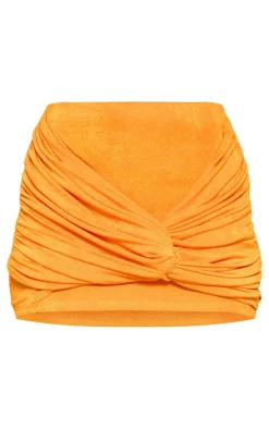 Orange Acetate Slinky Twist Front Micro Mini Skirt