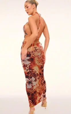 Orange Animal Print Mesh Trim Detail Cut Out Maxi Dress