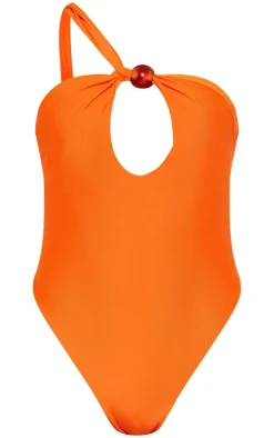 Orange Bead Detail One Shoulder Cut Out Swimsuit