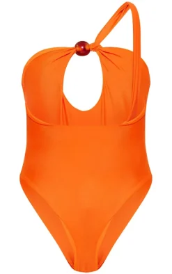 Orange Bead Detail One Shoulder Cut Out Swimsuit
