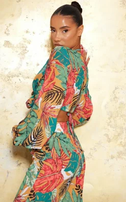 Orange Big Leaf Tie Front Beach Top