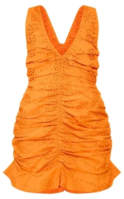 Orange Broderie Plunge Ruched Frill Hem Bodycon Dress