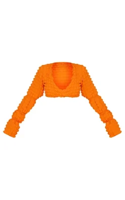 Orange Bubble Textured Long Sleeve Beach Top