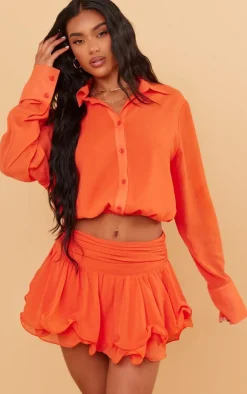 Orange Chiffon Elastic Waist Long Sleeve Shirt