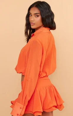 Orange Chiffon Elastic Waist Long Sleeve Shirt