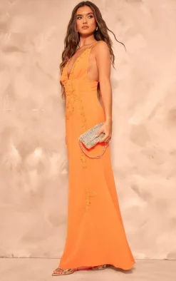 Orange Chiffon Floral Detail Maxi Dress