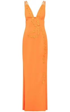Orange Chiffon Floral Detail Maxi Dress