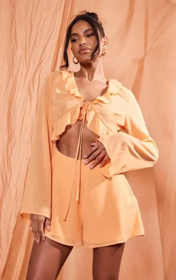 Orange Chiffon Frill Tie Bust Detail Cut Out Romper