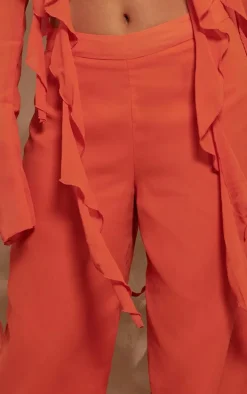 Orange Chiffon Mid Rise Wide Leg Pants