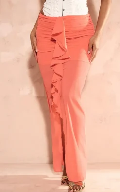 Orange Chiffon Ruffle Front Maxi Skirt