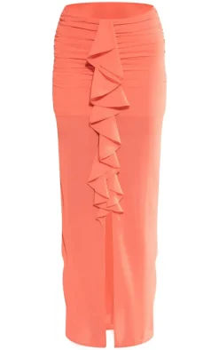Orange Chiffon Ruffle Front Maxi Skirt