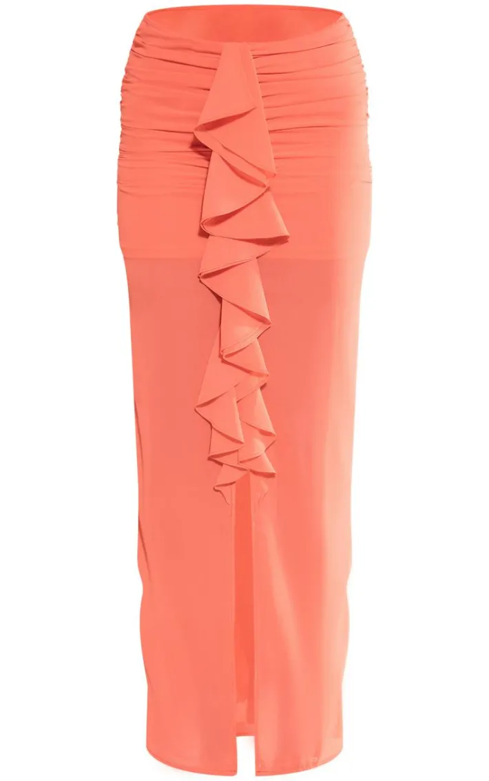 Orange Chiffon Ruffle Front Maxi Skirt