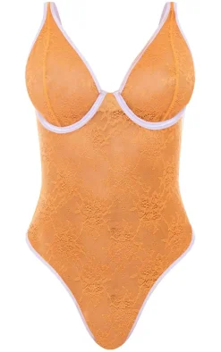 Orange Contrast Binding Lace Bodysuit