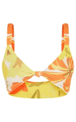 Orange Contrast Floral Print Knotted Scrunchie Strap Bikini Top