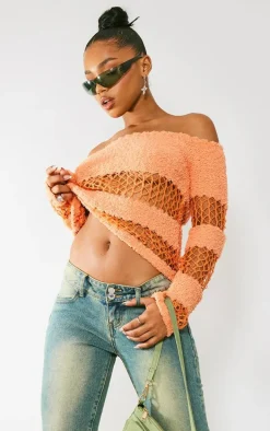 Orange Contrast Mixed Open & Fluffy Knit Top