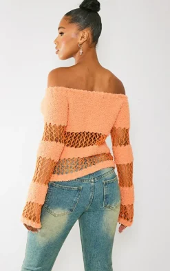 Orange Contrast Mixed Open & Fluffy Knit Top