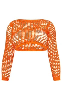 Orange Crochet Open Knit Long Sleeve Top