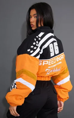 Orange Cropped Oversized Graphic Zipped Racer Bomber Jacket