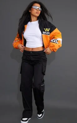 Orange Cropped Oversized Graphic Zipped Racer Bomber Jacket