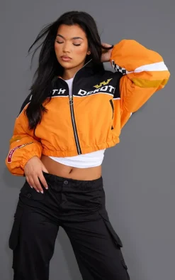 Orange Cropped Oversized Graphic Zipped Racer Bomber Jacket