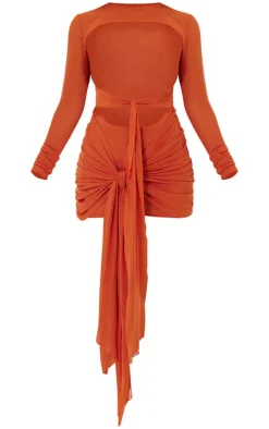 Orange Cut Out Knot Detail Mesh Beach Dress