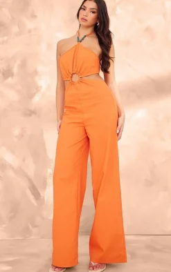 Orange Cut Out Ring Detail Halterneck Jumpsuit