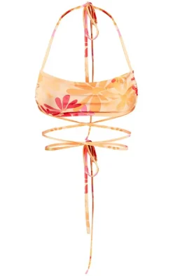 Orange Daisy Floral Print Tie Waist Bikini Top