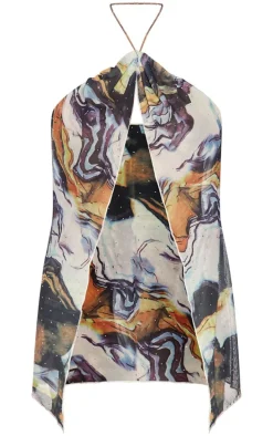 Orange Diamante Mesh Spilt Hem Chain Neck Detail Long Top