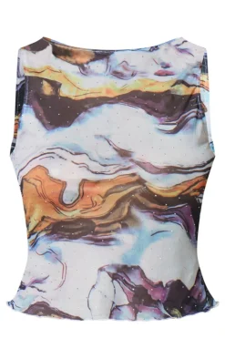 Orange Diamante Mesh Tie Shoulder Detail Top