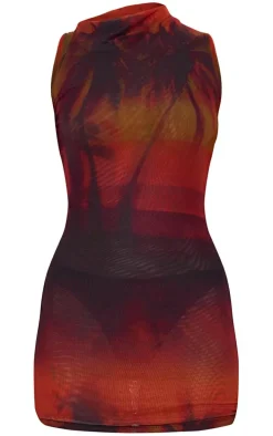 Orange Double Layer Palm Printed Mesh Bodycon Dress