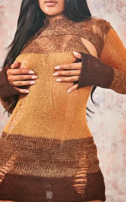 Orange Extreme Distressed Knitted Bodycon Dress