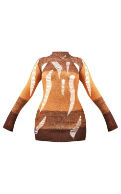 Orange Extreme Distressed Knitted Bodycon Dress