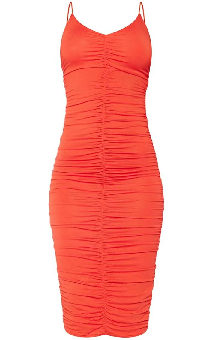 Orange Extreme Ruched Spaghetti Midi Dress