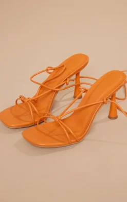 Orange Faux Leather Round Chunky Heel Lace Up Barely There Sandals