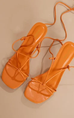 Orange Faux Leather Round Chunky Heel Lace Up Barely There Sandals