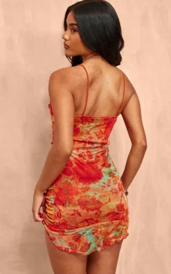 Orange Floral Abstract Print Frill Detail Shift Dress