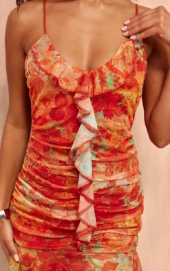 Orange Floral Abstract Print Frill Detail Shift Dress