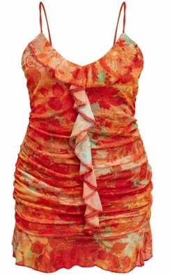 Orange Floral Abstract Print Frill Detail Shift Dress