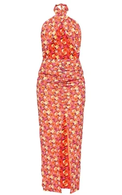 Orange Floral Cross Halterneck Cut Out Ruched Midaxi Dress