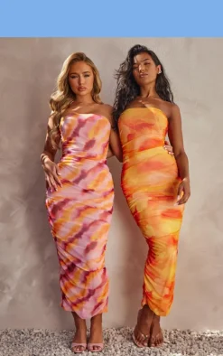 Orange Floral Mesh Bandeau Ruched Maxi Dress