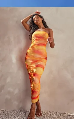 Orange Floral Mesh Bandeau Ruched Maxi Dress