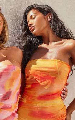 Orange Floral Mesh Bandeau Ruched Maxi Dress