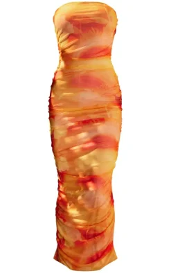 Orange Floral Mesh Bandeau Ruched Maxi Dress