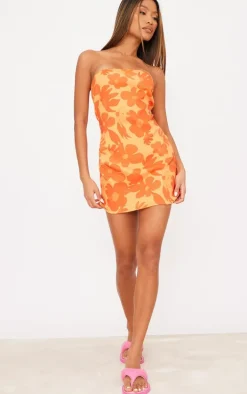 Orange Floral Print Bandeau Bodycon Dress