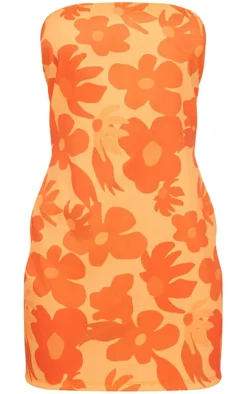 Orange Floral Print Bandeau Bodycon Dress