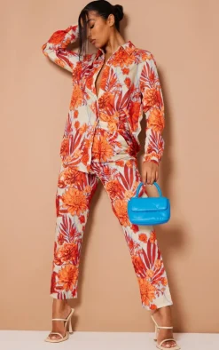 Orange Floral Print Cigarette Pants