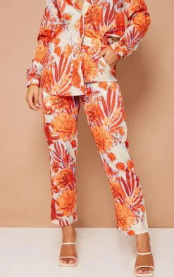Orange Floral Print Cigarette Pants
